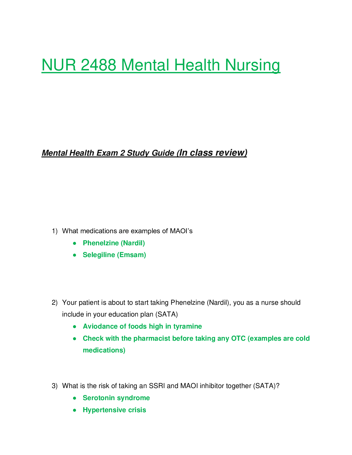 Preview of NUR2488 / NUR 2488: Mental Health Nursing Exam 2 Study Guide (Latest Update) Rasmussen